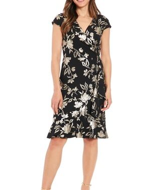 London Times Black Midi Wrap Dress with Gold Floral Foil